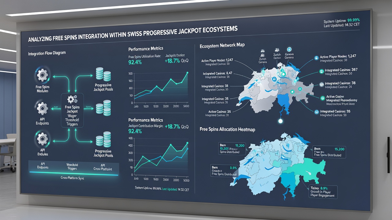 Data visualization dashboard showing free spins contribution rates to Swiss progressive jackpots with monthly growth trends
