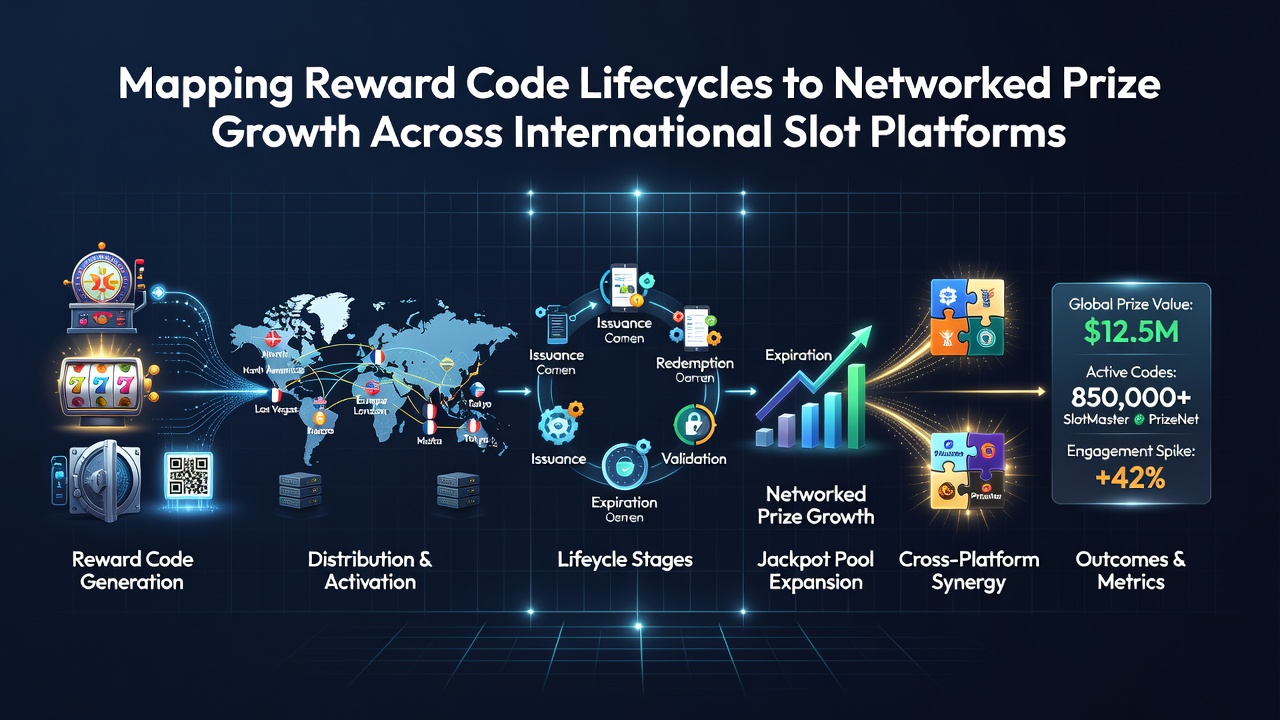 Network diagram illustrating prize pool growth linked to reward code redemptions across global platforms