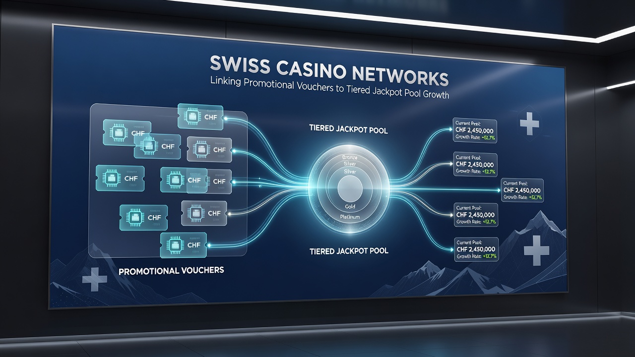 Network diagram illustrating voucher contributions flowing into multiple tiers of Swiss jackpot pools